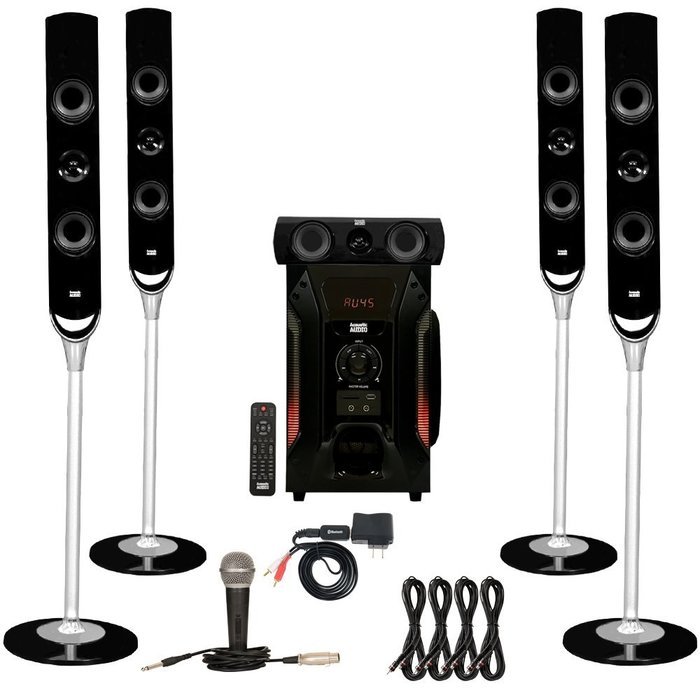 Acoustic Audio AAT1000 Tower 5.1 Speaker System with Bluetooth Mic and 4 Extension Cables