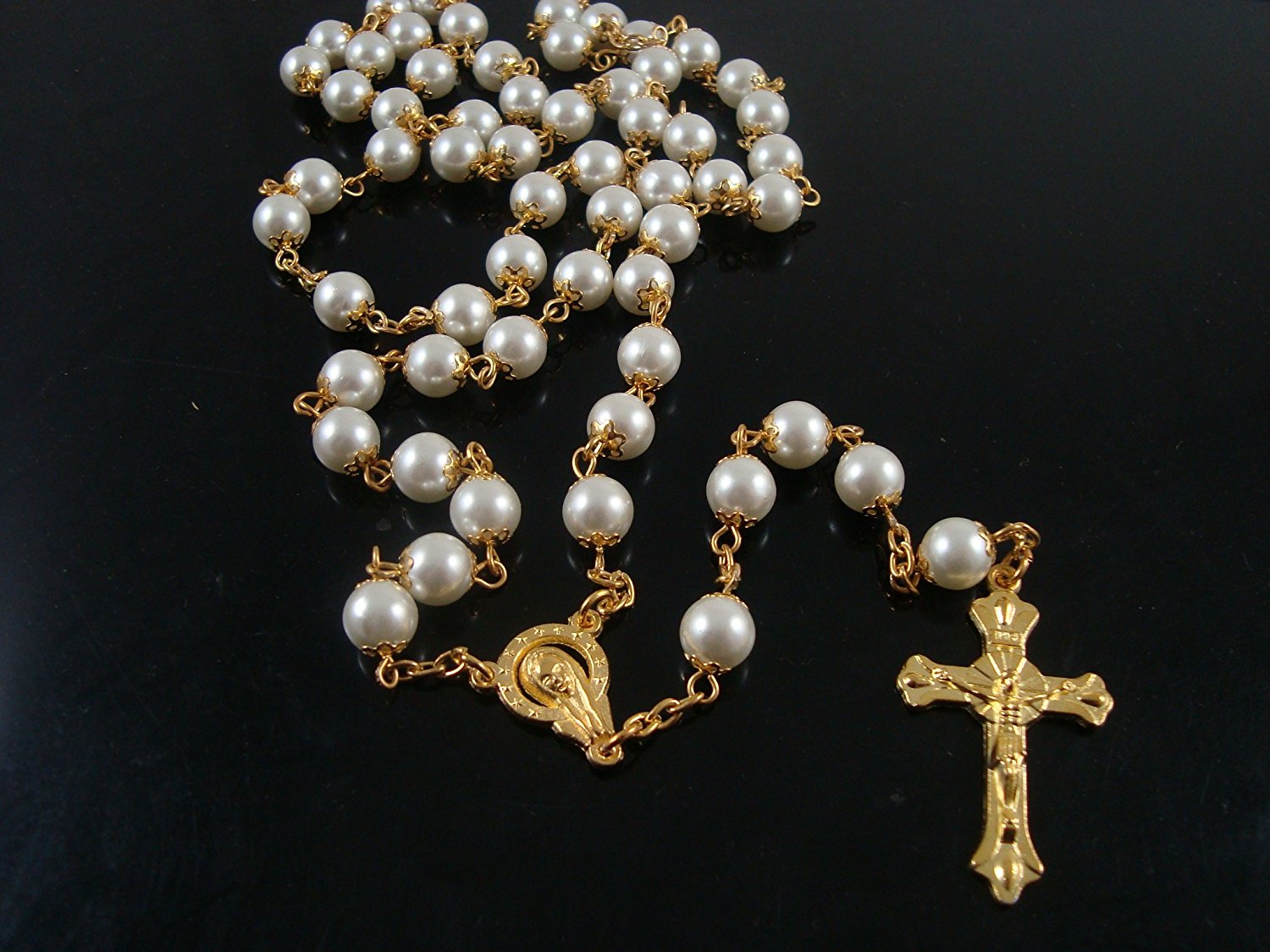 Pray Bead Jesus Cross Necklace 8mm Pearl Beads Gold Rosary N3 free ...