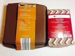 Silicone Cake Square Pan Crofton Brown with Brown Kitchen Dish Fast Drying Mat Bundle