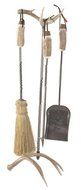 Standard antler fireplace set w/straw broom. Real deer antler base and top. Wrought iron tools. Stand 33"H Tools...