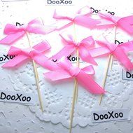 DOOXOO 2&quot; Hot Pink Satin and Glitter Bow Cupcake Toppers or Finger food picks - Weddings &amp; Birthday Party ( Set...