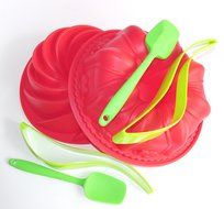 chef habitu&eacute;- Deluxe Set of Silicone Round Bundt Cake Pans in 2 Designs Baking Mold Sets - Includes Red Silicone... N8