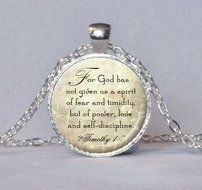 Long silver Christian Scripture Necklace - 2 Timothy 1:7 bible quote