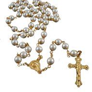 Pray Bead Jesus Cross Necklace 8mm Pearl Beads Gold Rosary