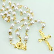 Pray Bead Jesus Cross Necklace 8mm Pearl Beads Gold Rosary N2