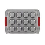 Cake Boss Deluxe Nonstick Bakeware 12-Cup Covered Muffin Pan, Gray with Red Silicone Grips N4