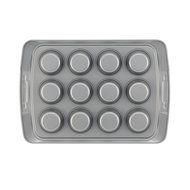 Cake Boss Deluxe Nonstick Bakeware 12-Cup Covered Muffin Pan, Gray with Red Silicone Grips N5