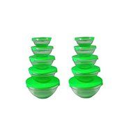 Alpine Cuisine 5-piece Nesting Glass Bowl Set with Green Lids (Pack of 2). Each pack has 5 bowls and 5 lids.