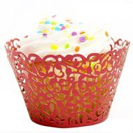 Welldone 100pcs Filigree Vine leaves Laser Hollow Edge Baking Cake Cups Birthday Party (Red) N11