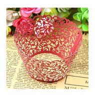 Welldone 100pcs Filigree Vine leaves Laser Hollow Edge Baking Cake Cups Birthday Party (Red) N12