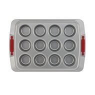 Cake Boss Deluxe Nonstick Bakeware 12-Cup Covered Muffin Pan, Gray with Red Silicone Grips N6