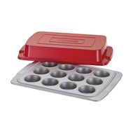 Cake Boss Deluxe Nonstick Bakeware 12-Cup Covered Muffin Pan, Gray with Red Silicone Grips N7