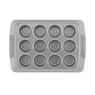 Cake Boss Deluxe Nonstick Bakeware 12-Cup Covered Muffin Pan, Gray with Red Silicone Grips N8