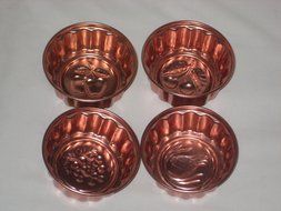 Set Of 4 - Vintage Coppertone Fruit Pattern Round 3 1/2 x 1 1/2 Inch Jell-O Mold Cake Pan