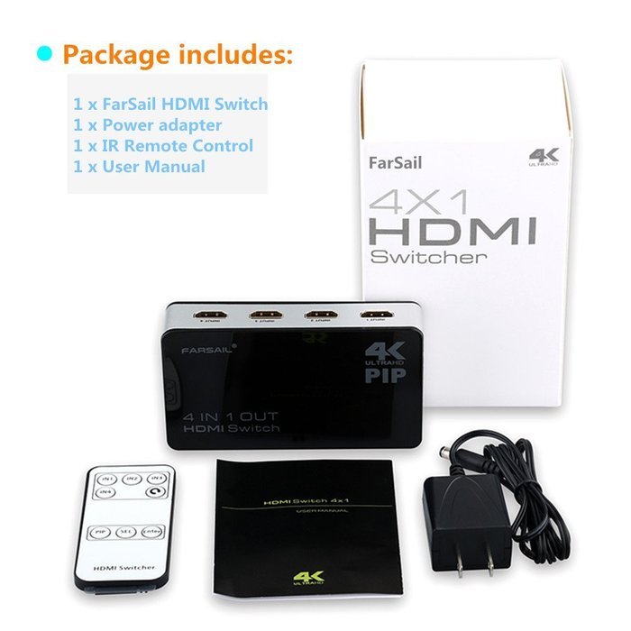 FarSail 4K x 2K 4 Port HDMI Switch Hub 4 x 1 HDMI Switcher Splitter with PIP and IR Wireless Remote Control For... N6