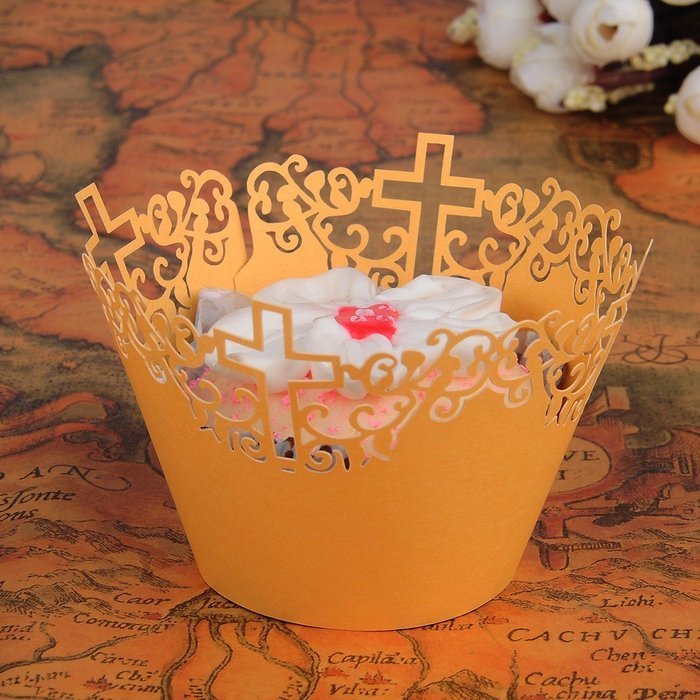 50pcs Filigree Vine Lace Cut Cupcake Wrapper Liner Baking Cup Case Trays Wedding Birthday - Yellow, Cross N6