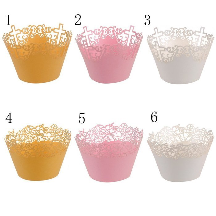 50pcs Filigree Vine Lace Cut Cupcake Wrapper Liner Baking Cup Case Trays Wedding Birthday - Yellow, Cross N8