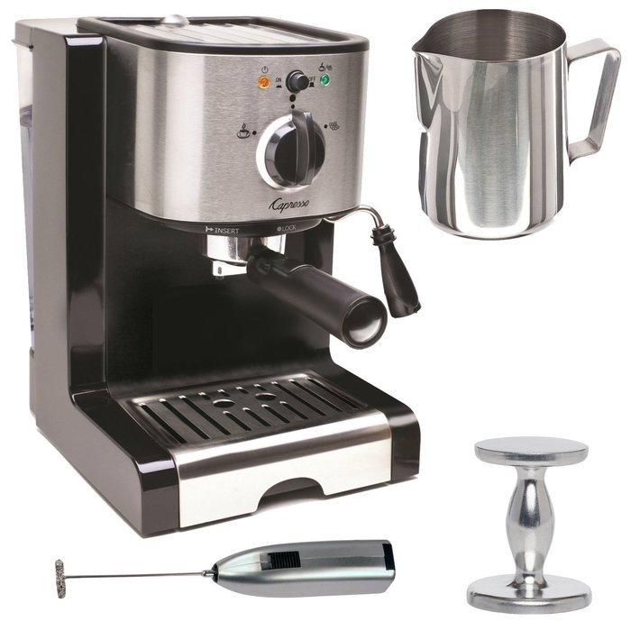Capresso EC100 Pump Espresso and Cappuccino Machine Bundle with Milk Frother, Frothing Pitcher and Espresso Tamper N3
