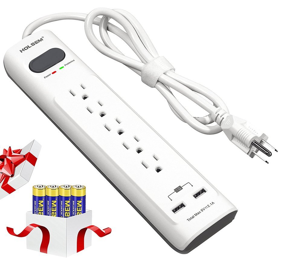 HOLSEM 5 Outlets Surge Protector Power Strip with 2 USB Charging Ports (5V/2.1A) and 4' Heavy Duty Extension Cord... N21