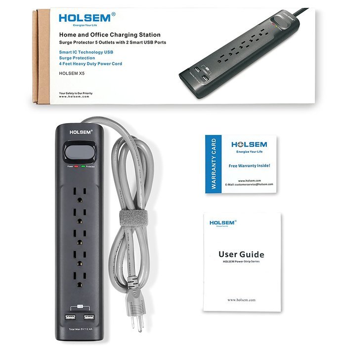 HOLSEM 5 Outlets Surge Protector Power Strip with 2 USB Charging Ports (5V/2.1A) and 4' Heavy Duty Extension Cord... N22