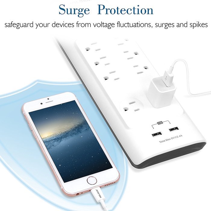 HOLSEM 5 Outlets Surge Protector Power Strip with 2 USB Charging Ports (5V/2.1A) and 4' Heavy Duty Extension Cord... N23