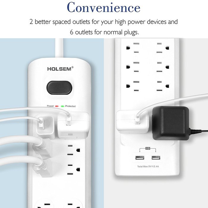 HOLSEM 5 Outlets Surge Protector Power Strip with 2 USB Charging Ports (5V/2.1A) and 4' Heavy Duty Extension Cord... N24