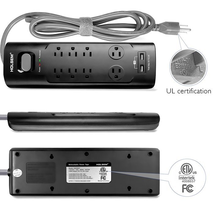 HOLSEM 5 Outlets Surge Protector Power Strip with 2 USB Charging Ports (5V/2.1A) and 4' Heavy Duty Extension Cord... N26
