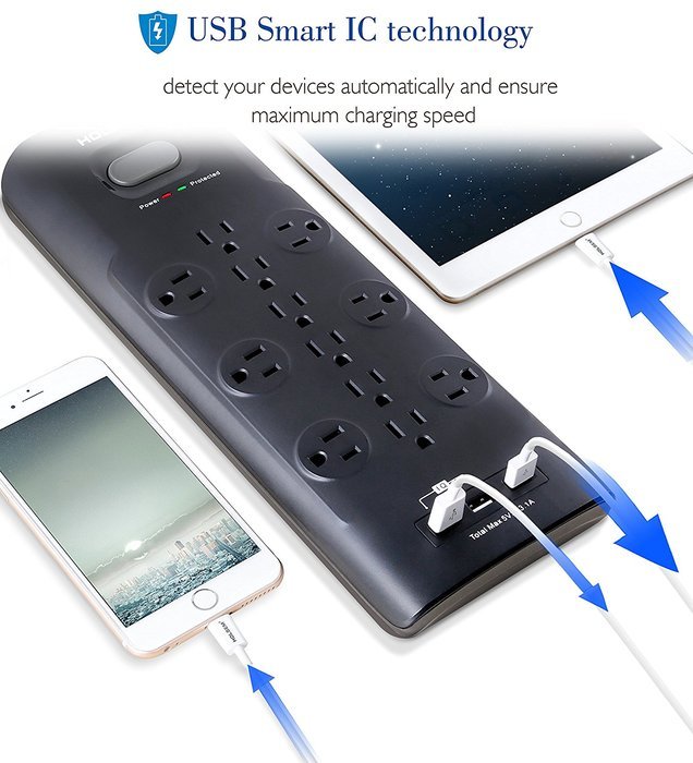 HOLSEM 5 Outlets Surge Protector Power Strip with 2 USB Charging Ports (5V/2.1A) and 4' Heavy Duty Extension Cord... N29