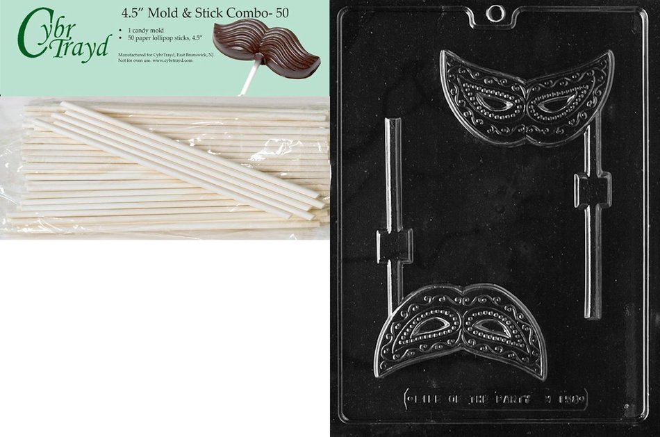 Cybrtrayd 45St50-M158 Mask Lolly Miscellaneous Chocolate Candy Mold with 50-Pack 4.5-Inch Lollipop Sticks
