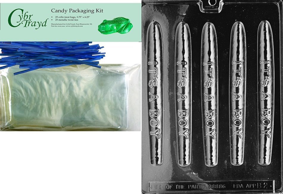 Cybrtrayd "Cigar-It's a Boy" Baby Chocolate Candy Mold with Packaging Bundle, Includes 25 Cello Bags and 25 Blue...