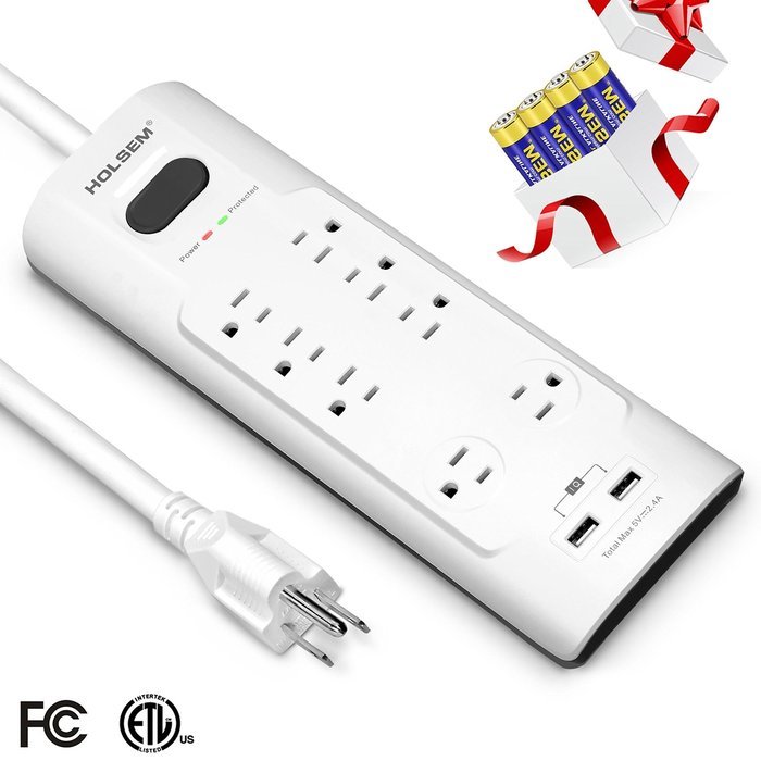 HOLSEM 5 Outlets Surge Protector Power Strip with 2 USB Charging Ports (5V/2.1A) and 4' Heavy Duty Extension Cord... N34