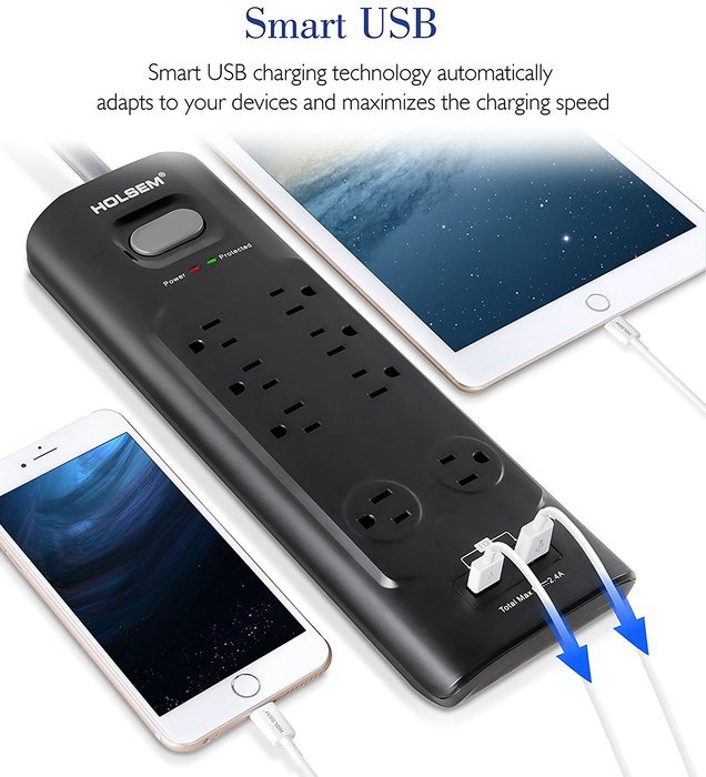 HOLSEM 5 Outlets Surge Protector Power Strip with 2 USB Charging Ports (5V/2.1A) and 4' Heavy Duty Extension Cord... N37