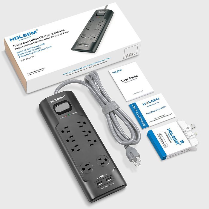 HOLSEM 5 Outlets Surge Protector Power Strip with 2 USB Charging Ports (5V/2.1A) and 4' Heavy Duty Extension Cord... N38