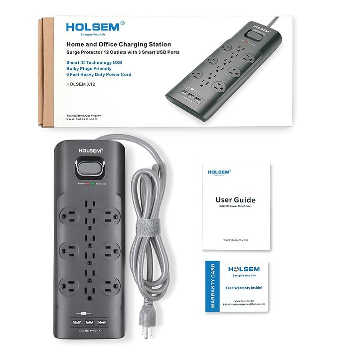 HOLSEM 5 Outlets Surge Protector Power Strip with 2 USB Charging Ports (5V/2.1A) and 4' Heavy Duty Extension Cord... N40