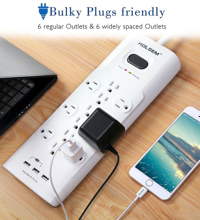 HOLSEM 5 Outlets Surge Protector Power Strip with 2 USB Charging Ports (5V/2.1A) and 4' Heavy Duty Extension Cord... N41