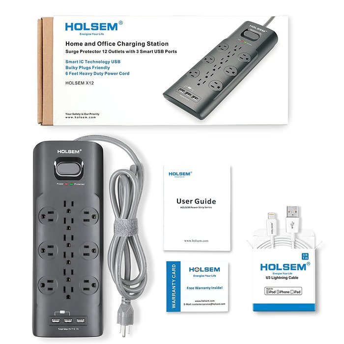 HOLSEM 5 Outlets Surge Protector Power Strip with 2 USB Charging Ports (5V/2.1A) and 4' Heavy Duty Extension Cord... N42