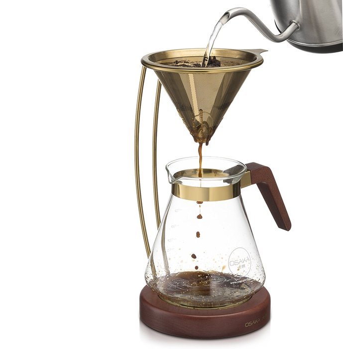 Osaka Large Gold Pour-Over Coffee Dripper with Wood Stand - Full Brewing Set for a Homemade Pourover - 27oz. Capacity... N6