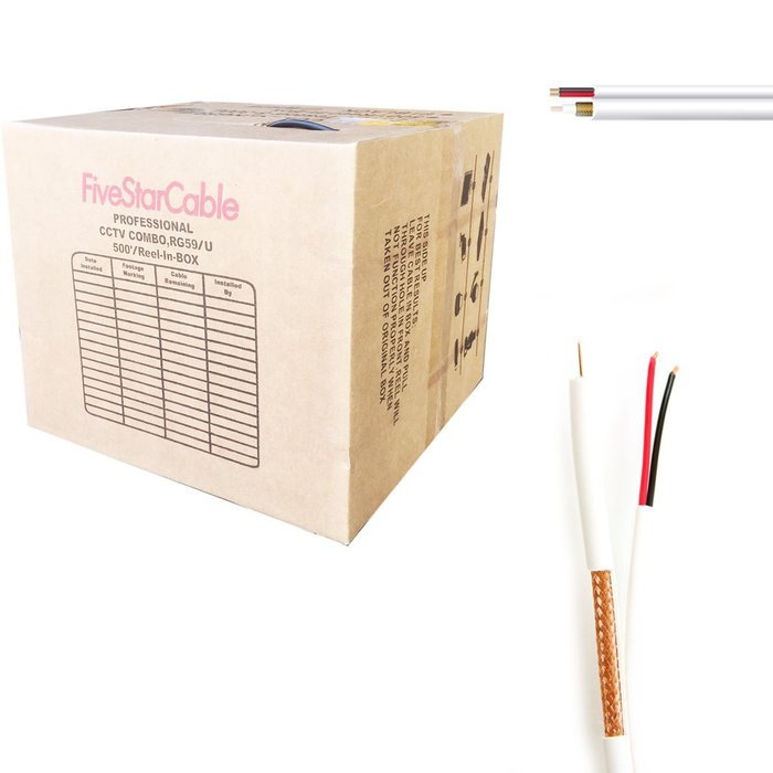 500 ft. RG59 Siamese CCTV Economy Combo Coaxial Cable White - 20AWG RG59 + 18/2 18AWG Power
