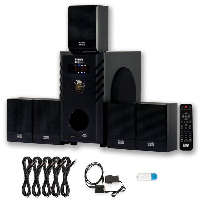Acoustic Audio AA5104 Home 5.1 Speaker System with USB Bluetooth Optical Input and 5 Ext. Cables