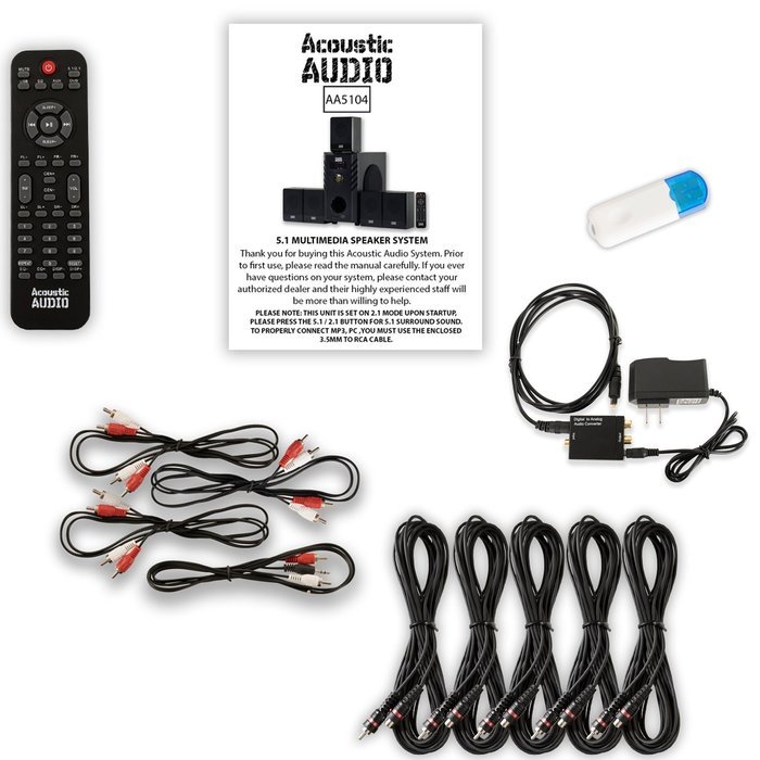 Acoustic Audio AA5104 Home 5.1 Speaker System with USB Bluetooth Optical Input and 5 Ext. Cables N2