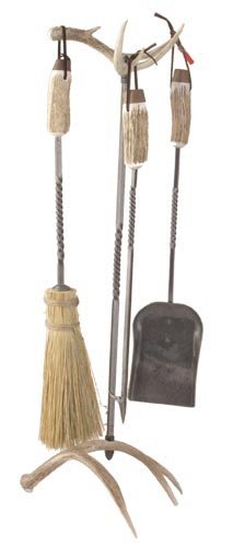 Standard antler fireplace set w/straw broom. Real deer antler base and top. Wrought iron tools. Stand 33"H Tools...