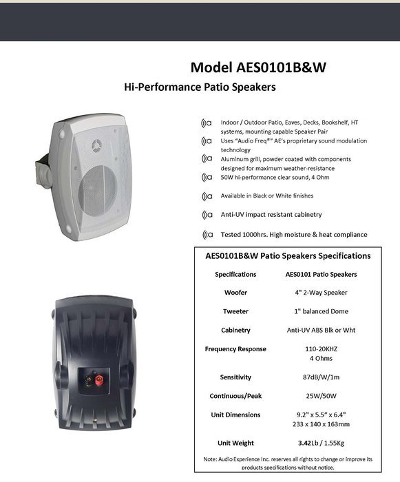Audio Experience AES0101W Weatherproof Eco Patio Speakers 50W, 4" 2-Way Woofer Speaker and 1" Balance Dome Tweeter... N2