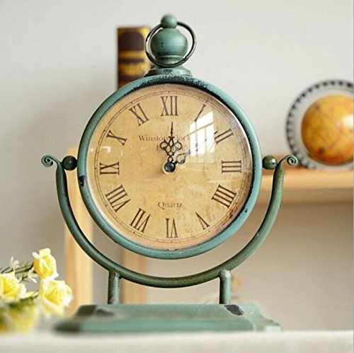 Retro Shabby Green Color Metal Clock Home Desk Table Clock Ornament Decoration
