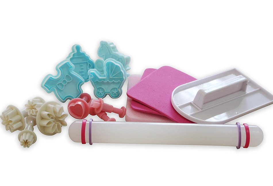 Craftit Edibles 20 Pcs fondant Set; Smoother, 9&rdquo; rolling pin & guide rings, Shape mats, flower, heart, and baby...
