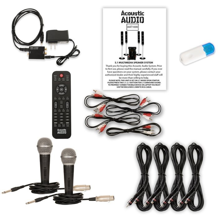 Acoustic Audio AAT1000 Tower 5.1 Speakers with USB Bluetooth Optical Input 2 Mics and 4 Extension Cables