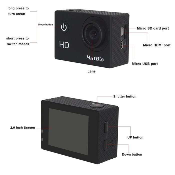 Matego 1080P HD Action Camera 30 Meters Underwater Video DVR Camera with 2 Inch Screen 150 Degree Wide-angle Lens... N5