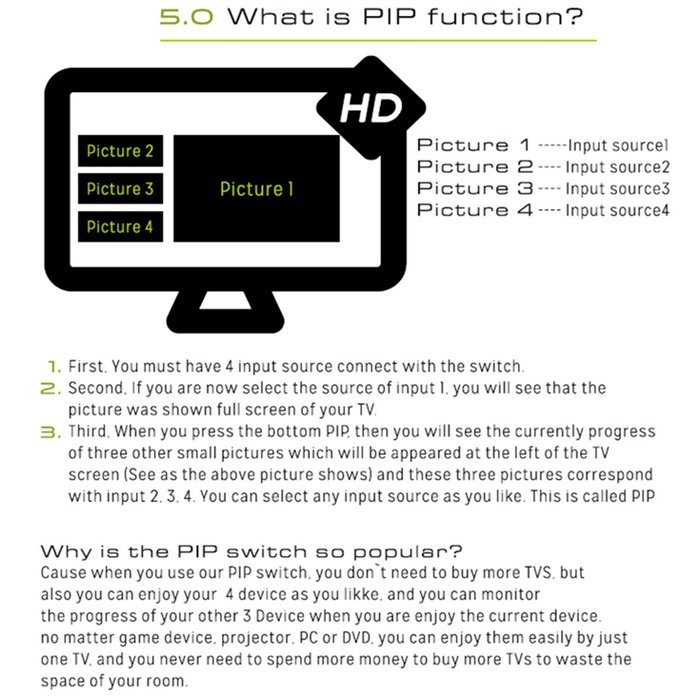 FarSail 4K x 2K 4 Port HDMI Switch Hub 4 x 1 HDMI Switcher Splitter with PIP and IR Wireless Remote Control For... N9