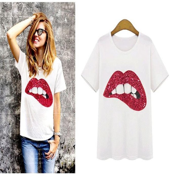 Phoneix Women Plus Size Loose T-Shirt Big Lip Printed