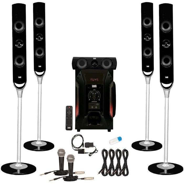 Acoustic Audio AAT1000 Tower 5.1 Speakers with USB Bluetooth Optical Input 2 Mics and 4 Extension Cables N2