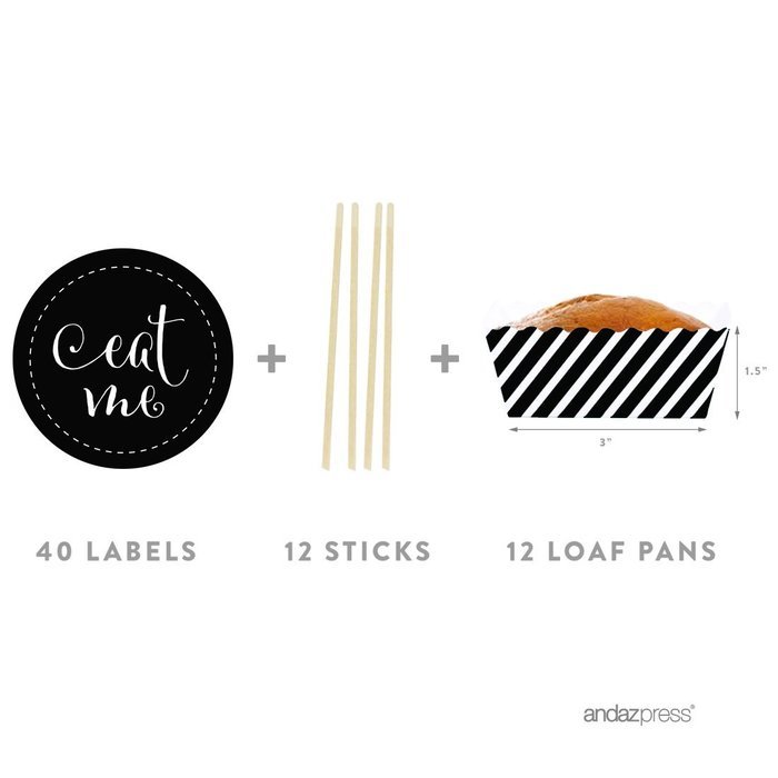 Andaz Press Party Favors Kit with Rectangle Mini Baking Loaf Pans and DIY Toppers, Eat Me, Pink, 12-Pack N32
